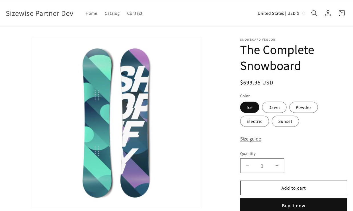 A Shopify product page with the Size guide link under the size picker