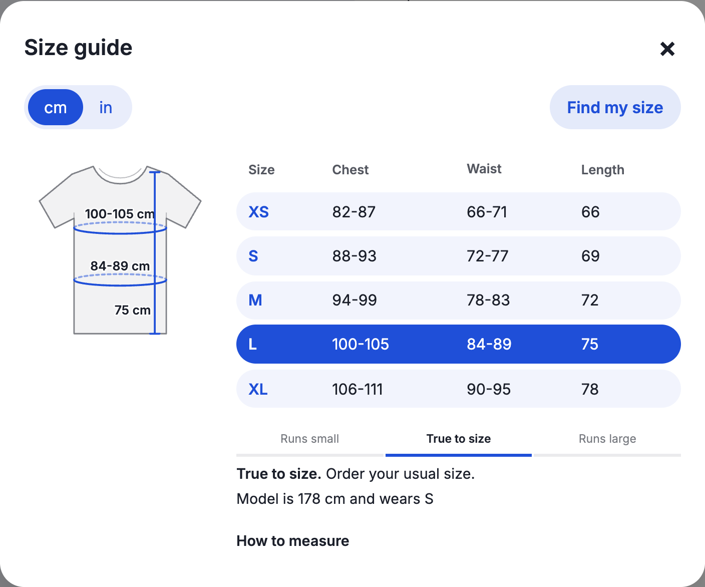 The size guide in the Soft look