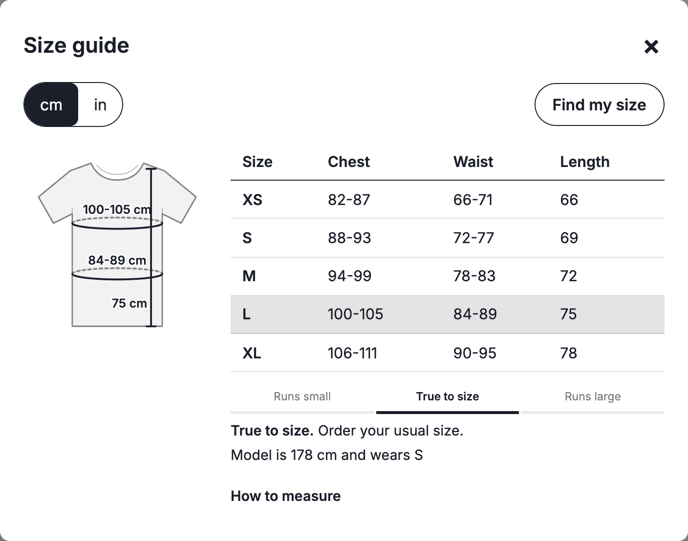 The size guide in the Clean look