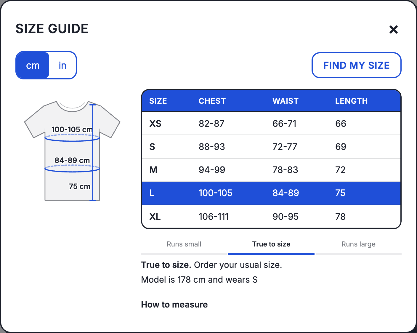 The size guide in the Bold look