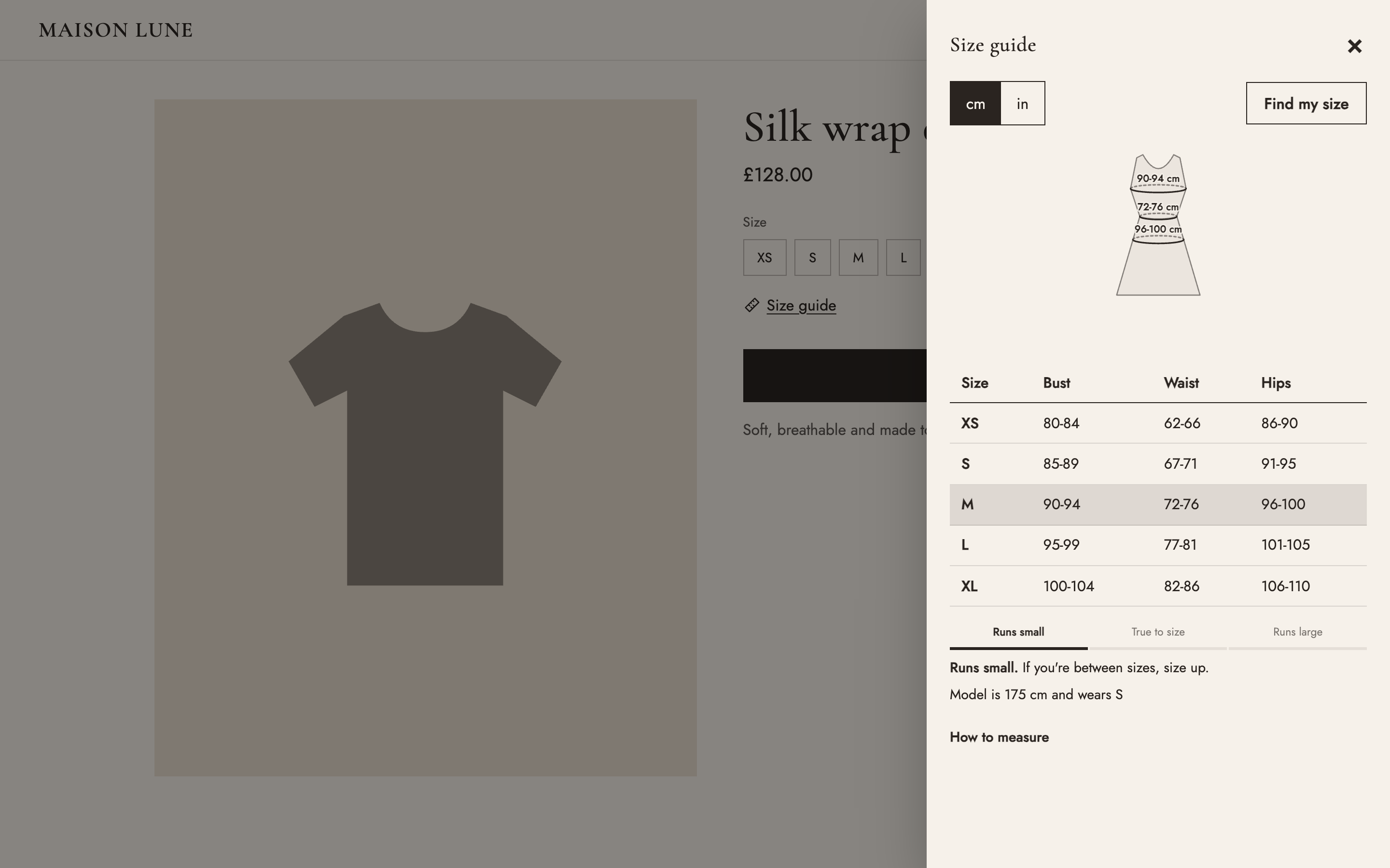 The size guide opened as a drawer from the side of a desktop product page