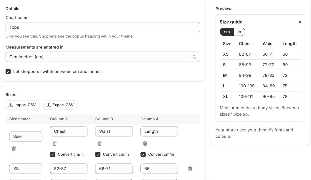 The Sizefolk chart editor with editable measurements and a live size guide preview