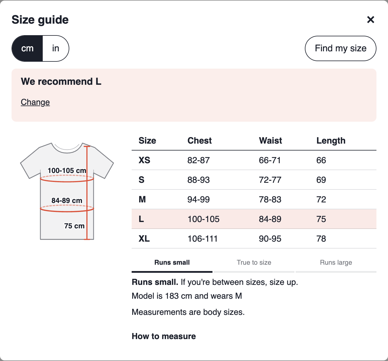 The Find my size popup recommending size L, with the L row highlighted in the size chart